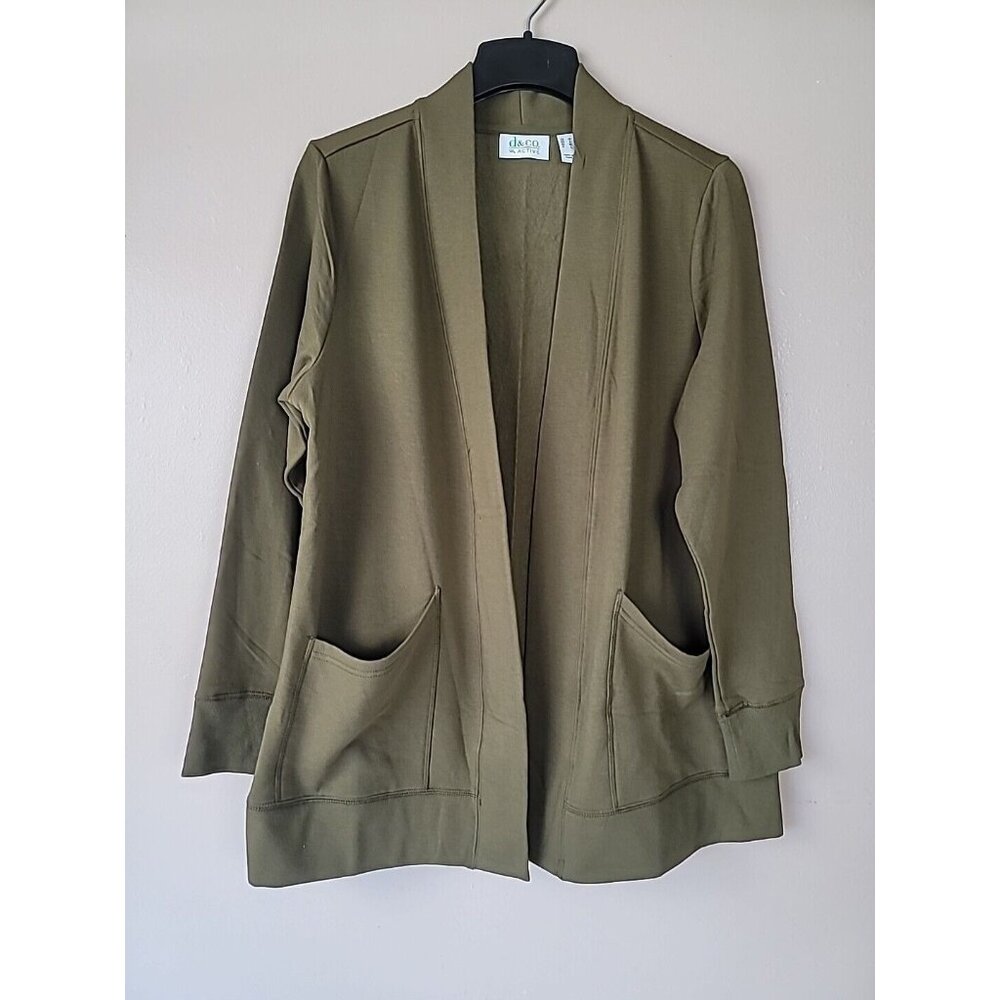 Denim & Co Active Cardigan Sz M Olive Green Open Front Long Sleeve 2 Pockets